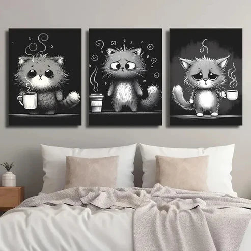 3pcs Black And White Cat Illustration Wall Art Set Canvas Unframed - High Quality Print 100% Australian Made Wall Canvas