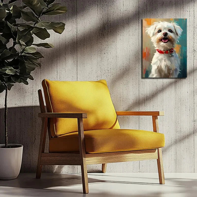 Adorable White Maltese Dog With Red Collar Smiling 40x60cm Metal Print Ready to Hang