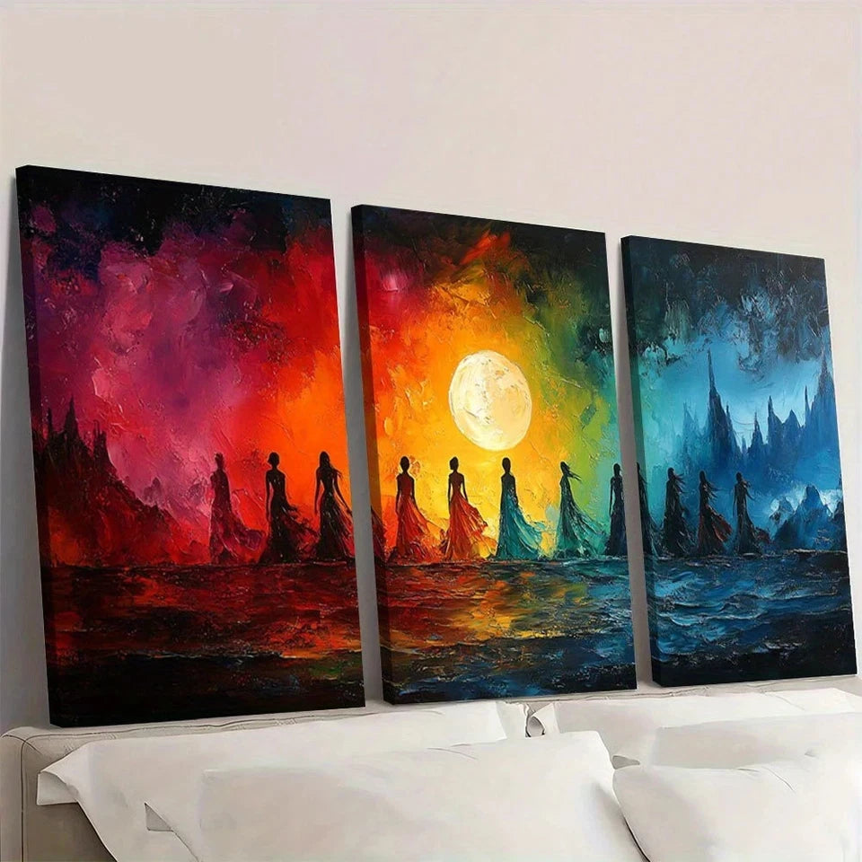 Three colorful abstract paintings of people walking together with a moon in the center, displayed on a wall.