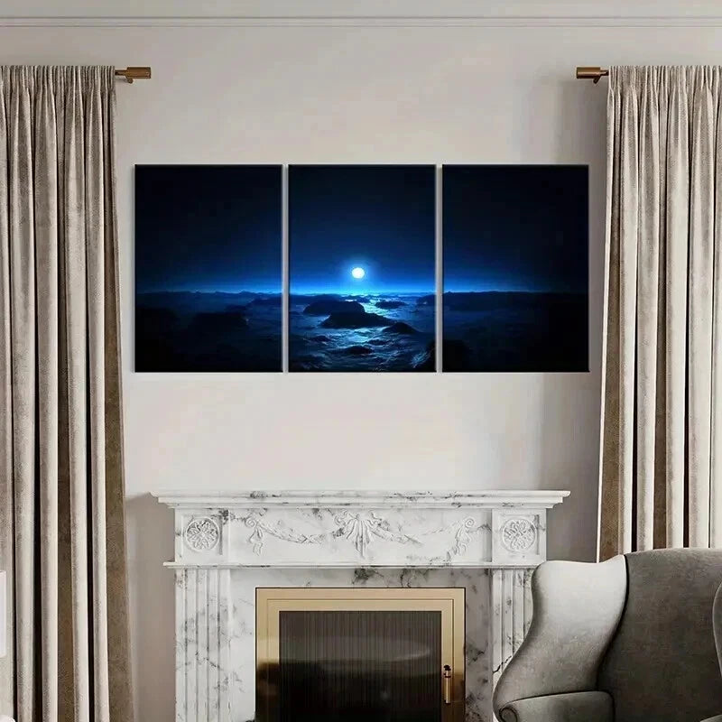 3pcs Full Moon Over Beach Landscape Wall Art Set Canvas Framed 40x60cm - High Quality Print 100% Australian Made Wall Canvas Ready to Hang