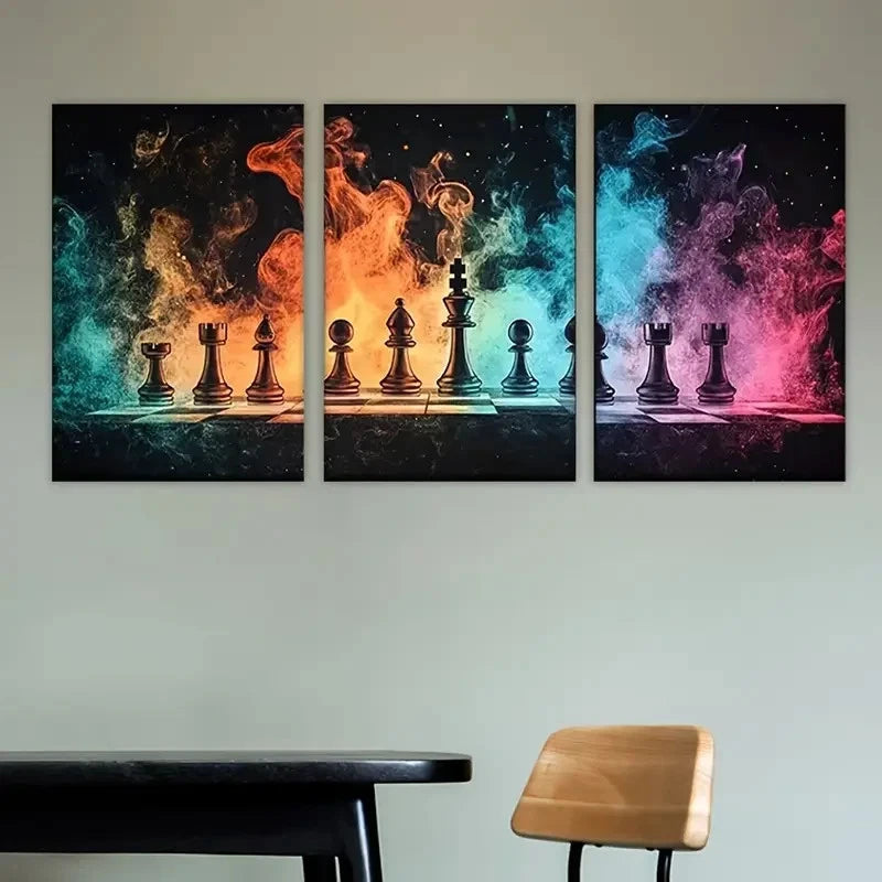 3pcs chess game with fire burning Wall Art Set Canvas Framed 50x70cm - High Quality Print 100% Australian Made Wall Canvas Ready to Hang