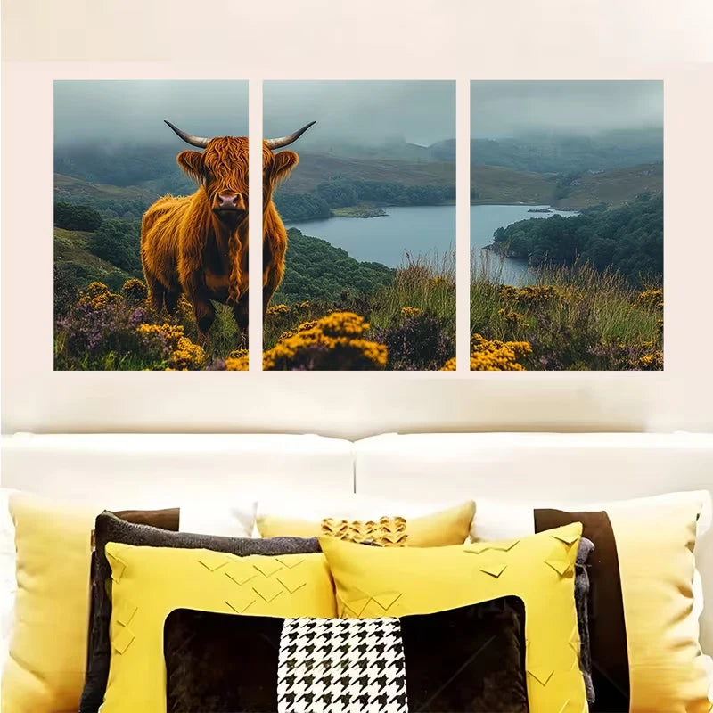 3pcs Rustic Highland Cow Canvas Scottish Wall Art Set Canvas Framed 60x90cm - High Quality Print 100% Australian Made Wall Canvas Ready to Hang