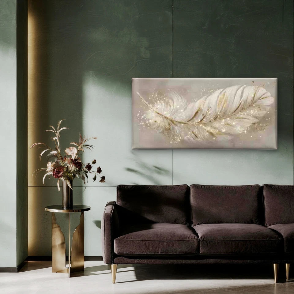 Golden Sparkle Feather Wall Art Canvas Office Home Room Framed 120x60cm