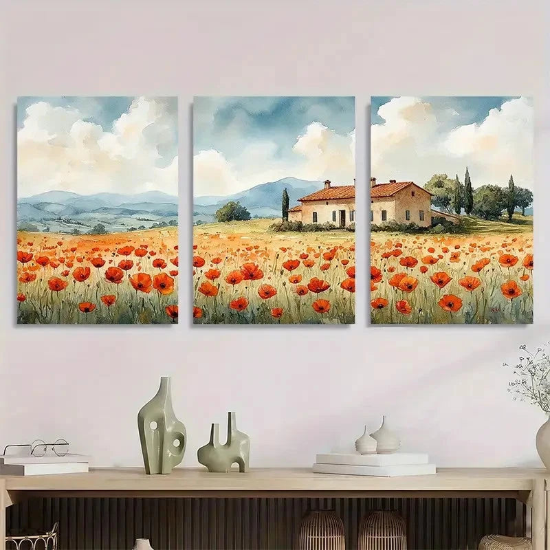 3pcs Tuscany Wildflower Poppies Field Perfect Wall Art Set Canvas Framed 40x60cm - High Quality Print 100% Australian Made Wall Canvas Ready to Hang