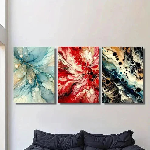 3pcs Blue Red and Black Abstract Fluid Texture Wall Art Set Canvas Unframed - High Quality Print 100% Australian Made Wall Canvas