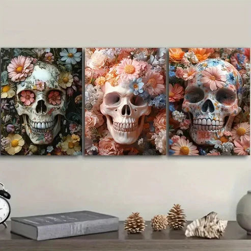 3pcs The skull is in the flower Wall Art Set Canvas Unframed - High Quality Print 100% Australian Made Wall Canvas - Bella Home Decor