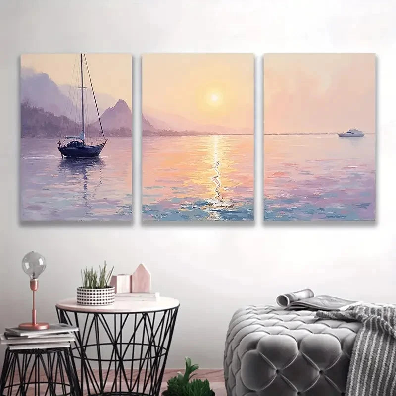 3pcs Painting Sailboat at Sunset, Serene G Wall Art Set Canvas Framed 60x90cm - High Quality Print 100% Australian Made Wall Canvas Ready to Hang