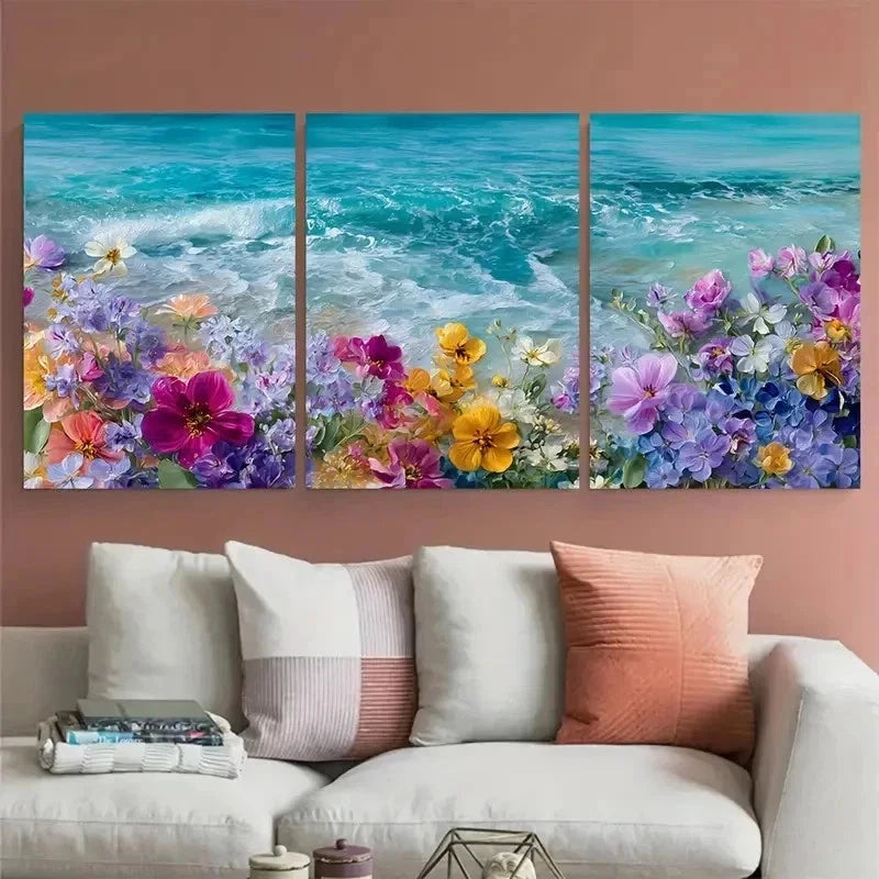 3pcs Coastal Wildflower Floral Summer Perfect Wall Art Set Canvas Framed 40x60cm - High Quality Print 100% Australian Made Wall Canvas Ready to Hang