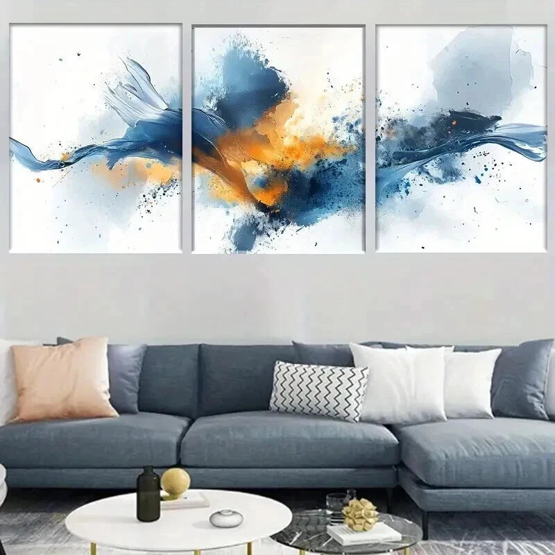 3pcs Blue & Orange Abstract Watercolor Splash Wall Art Set Canvas Framed 40x60cm - High Quality Print 100% Australian Made Wall Canvas Ready to Hang