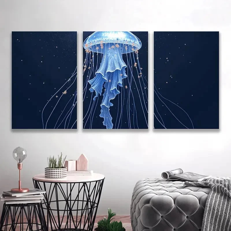 3pcs Blue Sea Nettle Jellyfish Triptych Wall Art Set Canvas Framed 60x90cm - High Quality Print 100% Australian Made Wall Canvas Ready to Hang