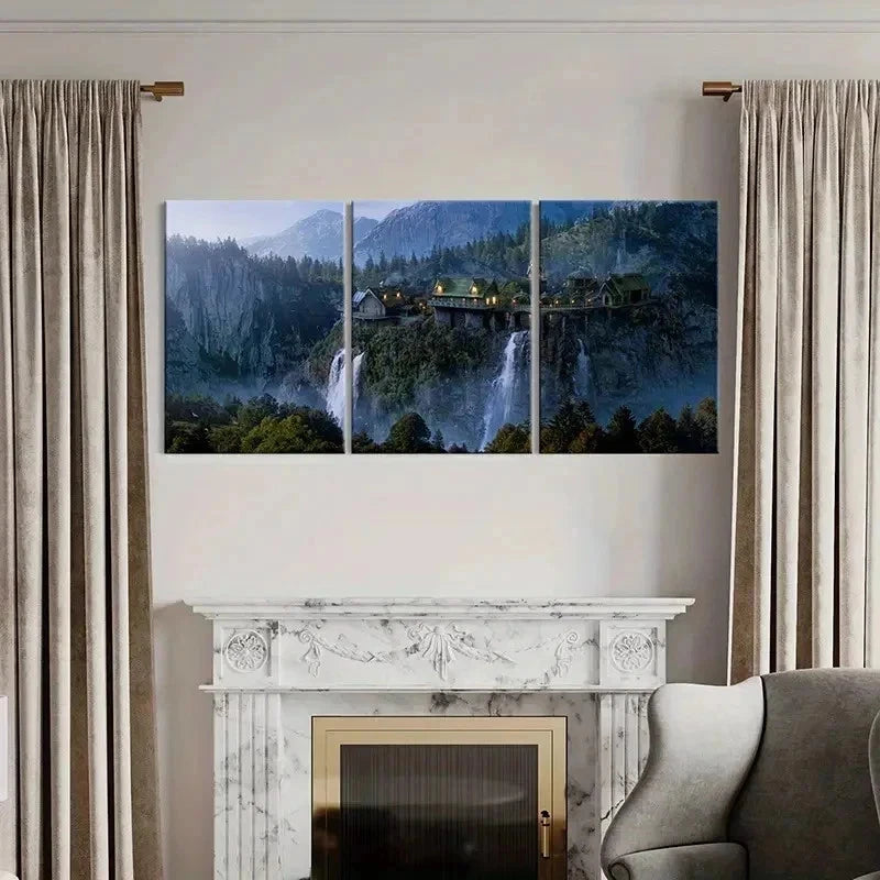 3pcs Middle-Earth Ring Castle Valley Retro Wall Art Set Canvas Framed 40x60cm - High Quality Print 100% Australian Made Wall Canvas Ready to Hang