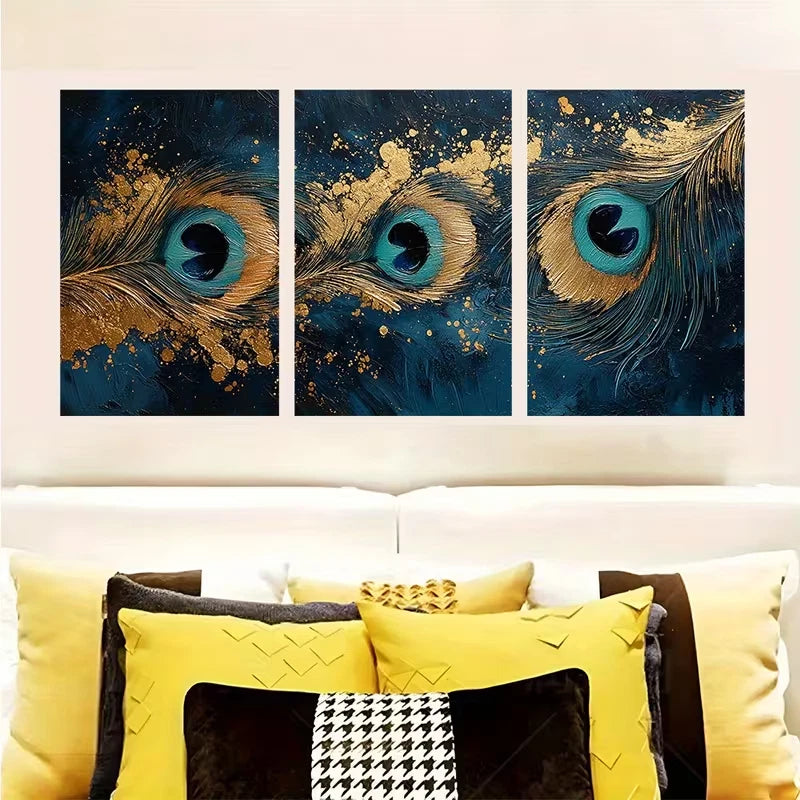 3pcs Vibrant Peacock Feather Abstract Art Wall Art Set Canvas Framed 60x90cm - High Quality Print 100% Australian Made Wall Canvas Ready to Hang
