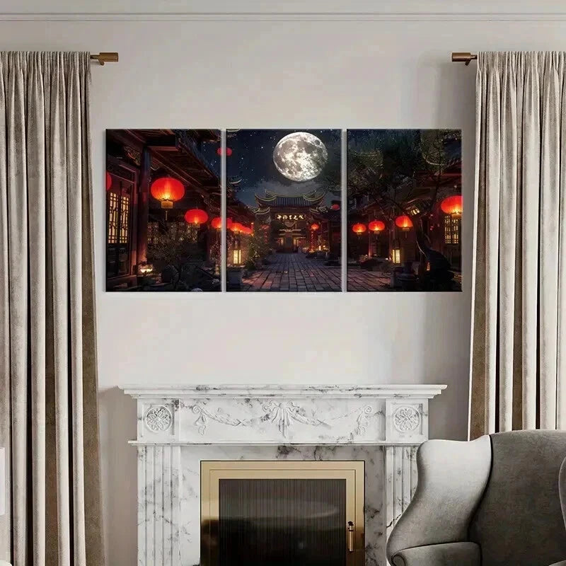 3pcs Traditional Architecture Lantern in Moonlit Wall Art Set Canvas Framed 40x60cm - High Quality Print 100% Australian Made Wall Canvas Ready to Hang