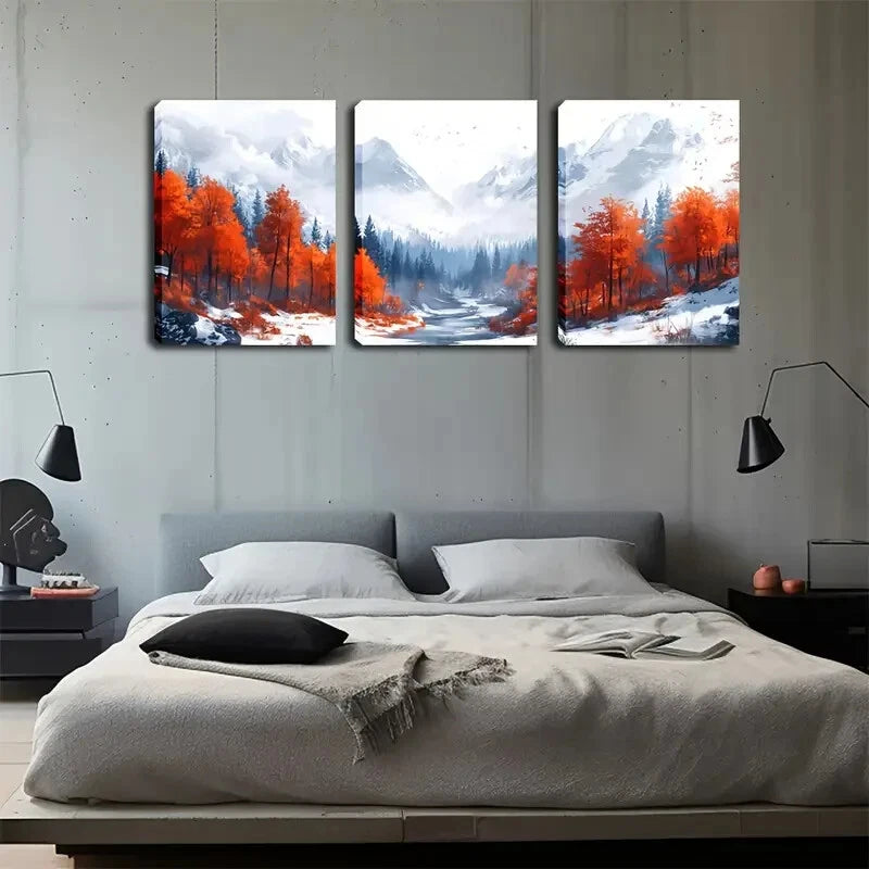 3pcs Red Trees & Misty Valley Snow Perfect Wall Art Set Canvas Framed 40x60cm - High Quality Print 100% Australian Made Wall Canvas Ready to Hang
