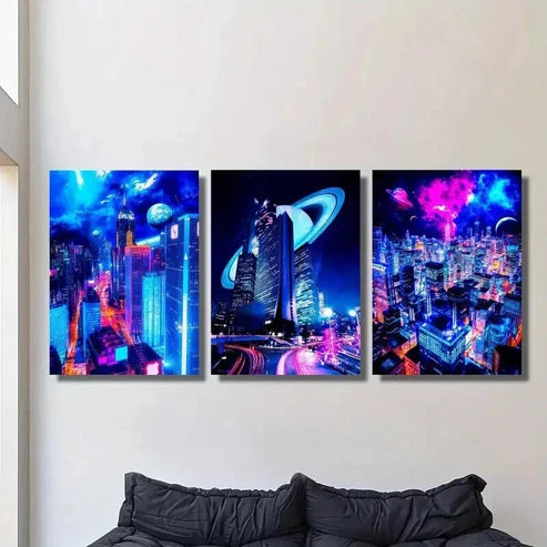 3pcs Sci-Fi City Night Scene with Neon Colors Wall Art Set Canvas Unframed - High Quality Print 100% Australian Made Wall Canvas
