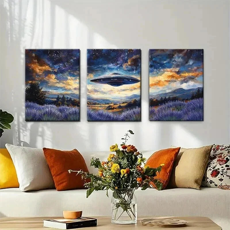 3pcs UFO Spaceship Over Lavender Field Perfect Wall Art Set Canvas Framed 40x60cm - High Quality Print 100% Australian Made Wall Canvas Ready to Hang