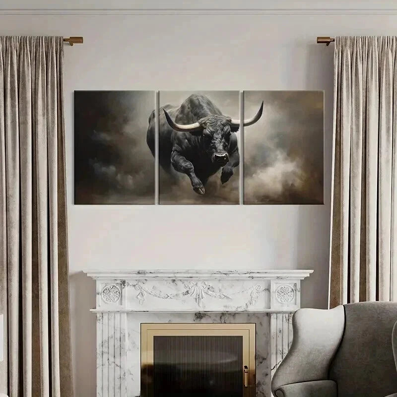 3pcs Black Bison Bull Cow Retro Farmhouse Wall Art Set Canvas Framed 40x60cm - High Quality Print 100% Australian Made Wall Canvas Ready to Hang