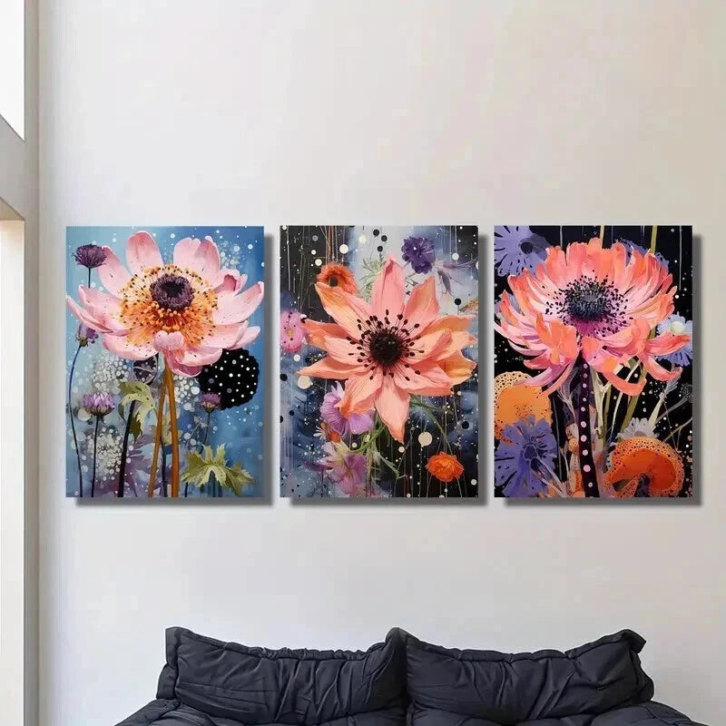 3pcs Retro Pink Cornflower Landscape Wall Art Set Canvas Framed 40x60cm - High Quality Print 100% Australian Made Wall Canvas Ready to Hang