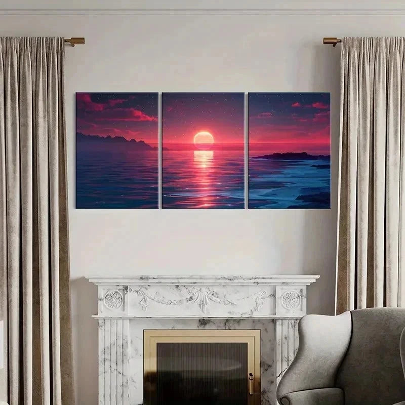 3pcs Sunset Horizon Sea Ocean Vintage Wall Art Set Canvas Framed 40x60cm - High Quality Print 100% Australian Made Wall Canvas Ready to Hang