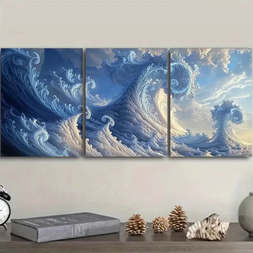 3pcs blue and white waves Wall Art Set Canvas Unframed - High Quality Print 100% Australian Made Wall Canvas