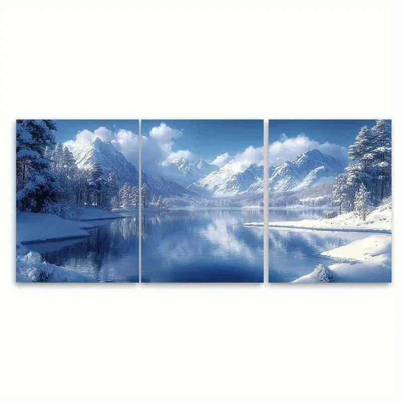 3pcs Snowy Lake Mountains CZ Wall Art Set Canvas Framed 50x70cm - High Quality Print 100% Australian Made Wall Canvas Ready to Hang