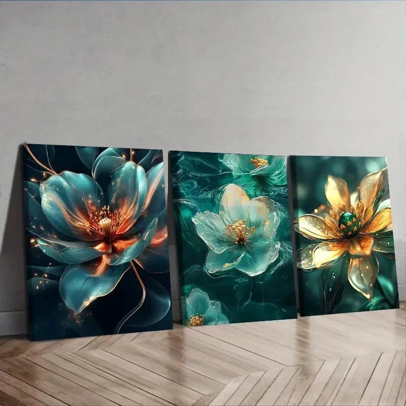 3pcs Flower Designs in Blue Green & Orange Wall Art Set Canvas Framed 40x60cm - High Quality Print 100% Australian Made Wall Canvas Ready to Hang