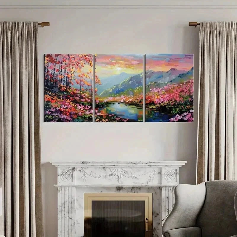 3pcs Mountain Landscape Colorful Trees Serene Wall Art Set Canvas Framed 50x70cm - High Quality Print 100% Australian Made Wall Canvas Ready to Hang