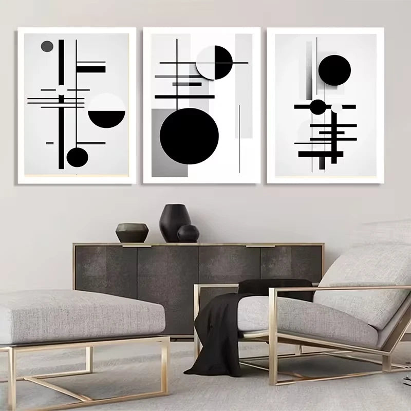 3pcs Bauhaus Black and White Geometric Wall Art Set Canvas Framed 60x90cm - High Quality Print 100% Australian Made Wall Canvas Ready to Hang