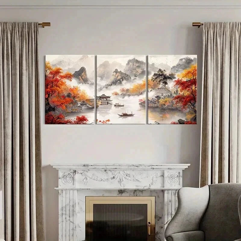 3pcs Chinese Autumn Mountain & River Scene Wall Art Set Canvas Framed 40x60cm - High Quality Print 100% Australian Made Wall Canvas Ready to Hang