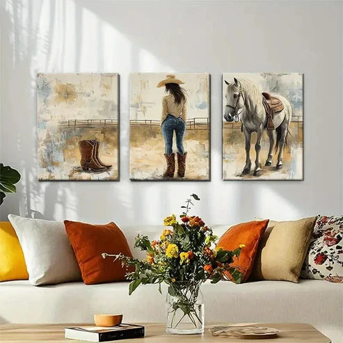 3pcs Western Cowgirl Rustic Country Perfect Wall Art Canvas Unframed - High Quality Print 100% Australian Made Wall Canvas