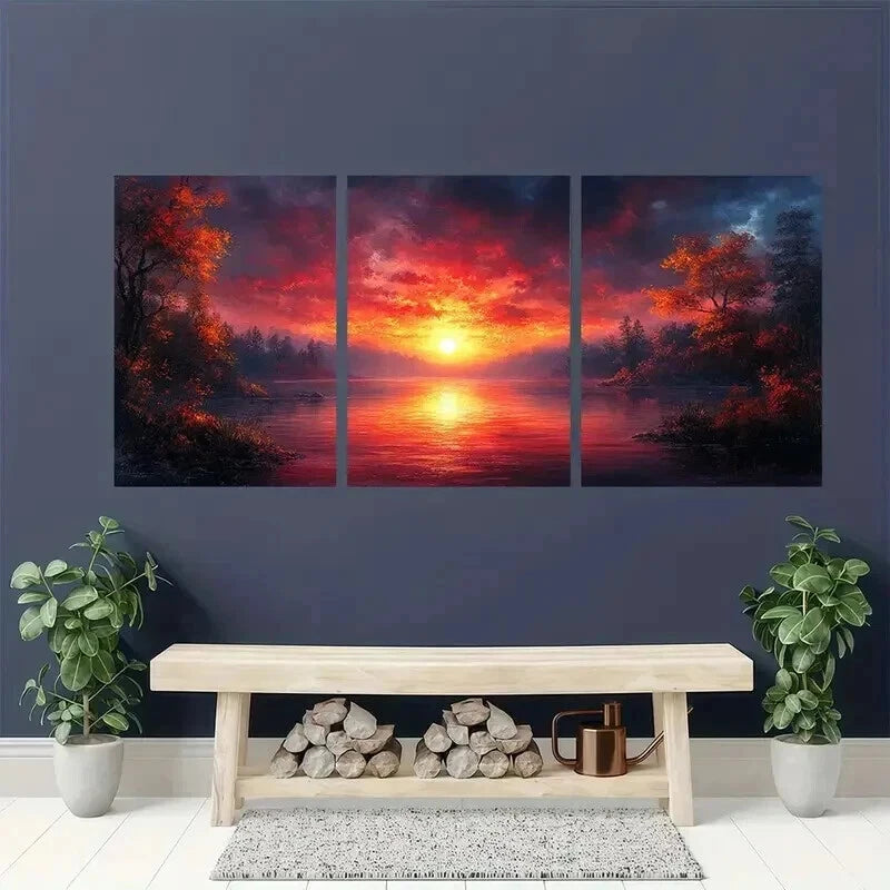 3pcs Serene Lake Sunset & Forest Scenery Wall Art Set Canvas Framed 40x60cm - High Quality Print 100% Australian Made Wall Canvas Ready to Hang