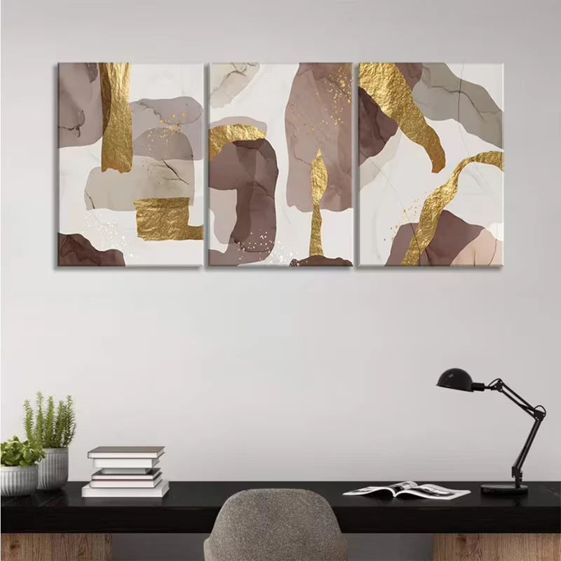 3pcs Abstract Brown And Golden Foil Wall Art Set Canvas Framed 60x90cm - High Quality Print 100% Australian Made Wall Canvas Ready to Hang