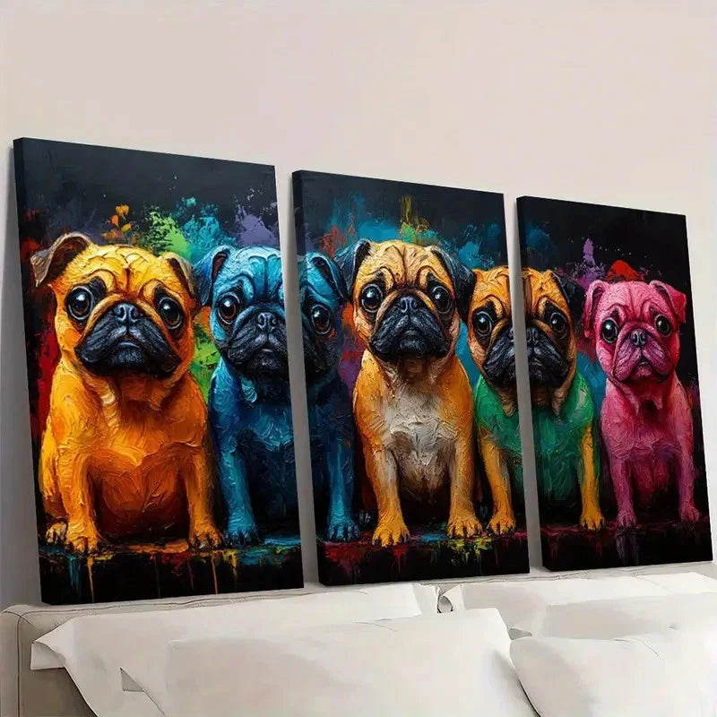 3pcs Colorful Pug Dog Faces Painting Wall Art Set Canvas Framed 60x90cm - High Quality Print 100% Australian Made Wall Canvas Ready to Hang