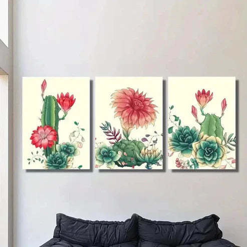 3pcs Cactus with Red Flowers Painting Wall Art Canvas Unframed – High Quality Print 100% Australian Made Wall Canvas