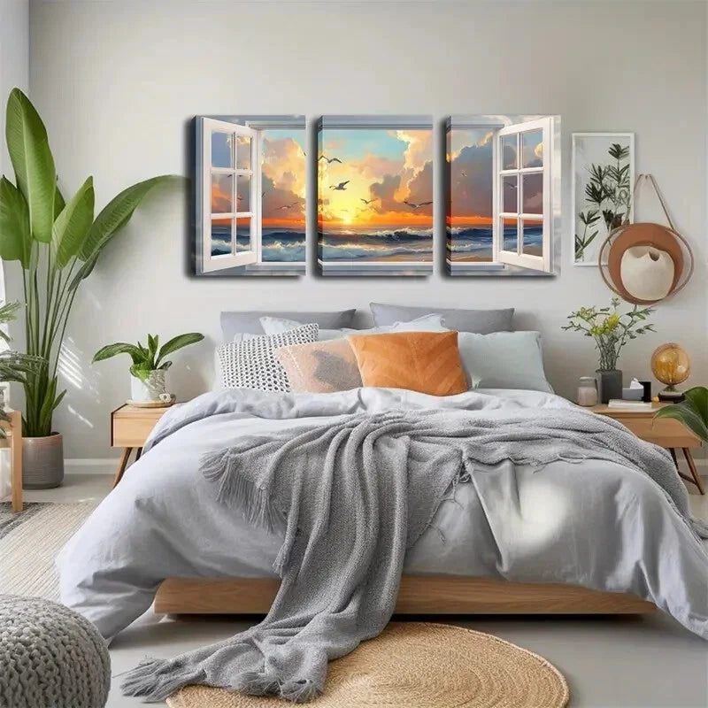 3pcs Serene Ocean & Sky Scene With Warm Perfect Wall Art Set Canvas Framed 40x60cm - High Quality Print 100% Australian Made Wall Canvas Ready to Hang