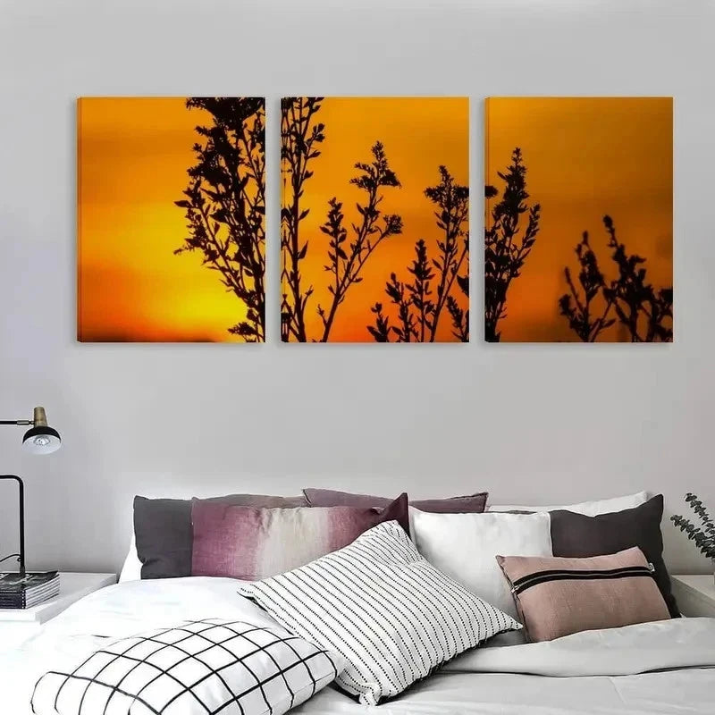 3pcs Golden Sunset Botanical Tree Branches Wall Art Set Canvas Framed 60x90cm - High Quality Print 100% Australian Made Wall Canvas Ready to Hang