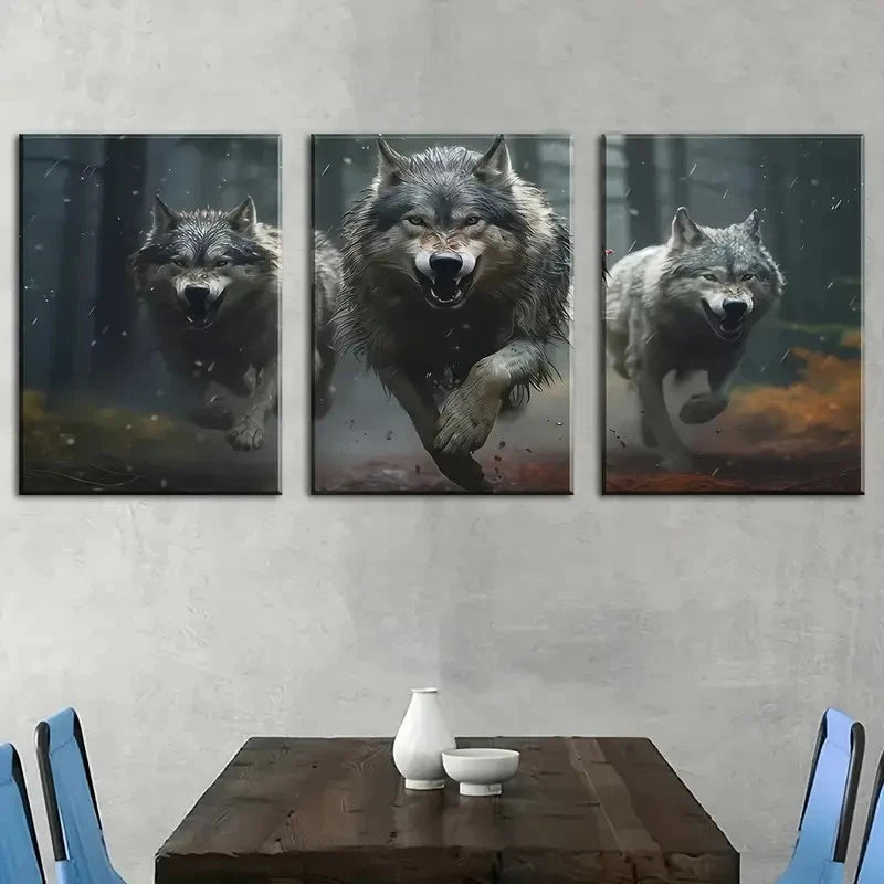 3pcs Featuring a Wolf Pack Painting Metal Print Ready to Hang Art