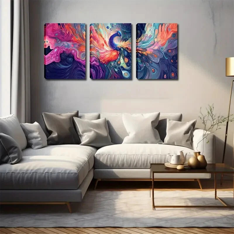 3pcs Vibrant Watercolor Peacock Feather Perfect Wall Art Set Canvas Framed 40x60cm - High Quality Print 100% Australian Made Wall Canvas Ready to Hang