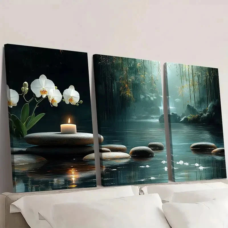 3pcs Bamboo Forest and River Water Painting Wall Art Set Canvas Framed 40x60cm - High Quality Print 100% Australian Made Wall Canvas Ready to Hang