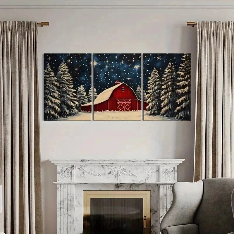 3pcs Winter Barn & Snowy Trees Starry Night Sky Wall Art Set Canvas Framed 40x60cm - High Quality Print 100% Australian Made Wall Canvas Ready to Hang