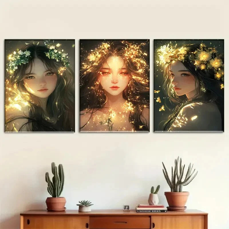 3pcs Glowing Floral Crown Girl Portrait Perfect Wall Art Set Canvas Framed 40x60cm - High Quality Print 100% Australian Made Wall Canvas Ready to Hang