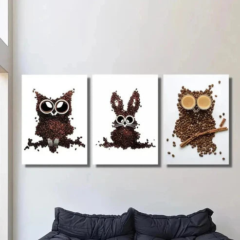 3pcs Owl Bunny & Rabbit Designs with Coffee Cup Wall Art Canvas Unframed – High Quality Print 100% Australian Made Wall Canvas
