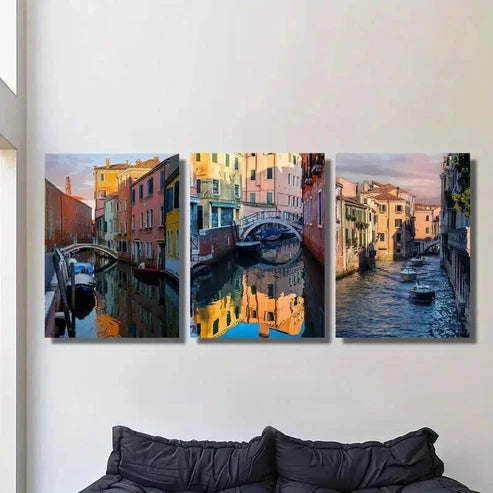3pcs Vibrant Italian Buildings & Boats Wall Art Canvas Unframed - High Quality Print 100% Australian Made Wall Canvas