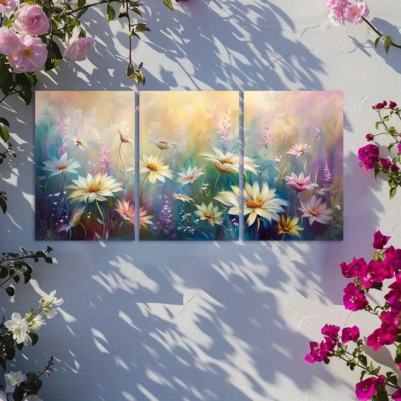 3pcs Meadow with White Daisies Blurred Design Metal Print Ready to Hang Art