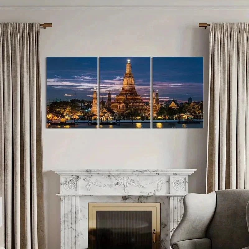 3pcs Bangkok Thailand Wat Arun Temple Wall Art Set Canvas Framed 40x60cm - High Quality Print 100% Australian Made Wall Canvas Ready to Hang