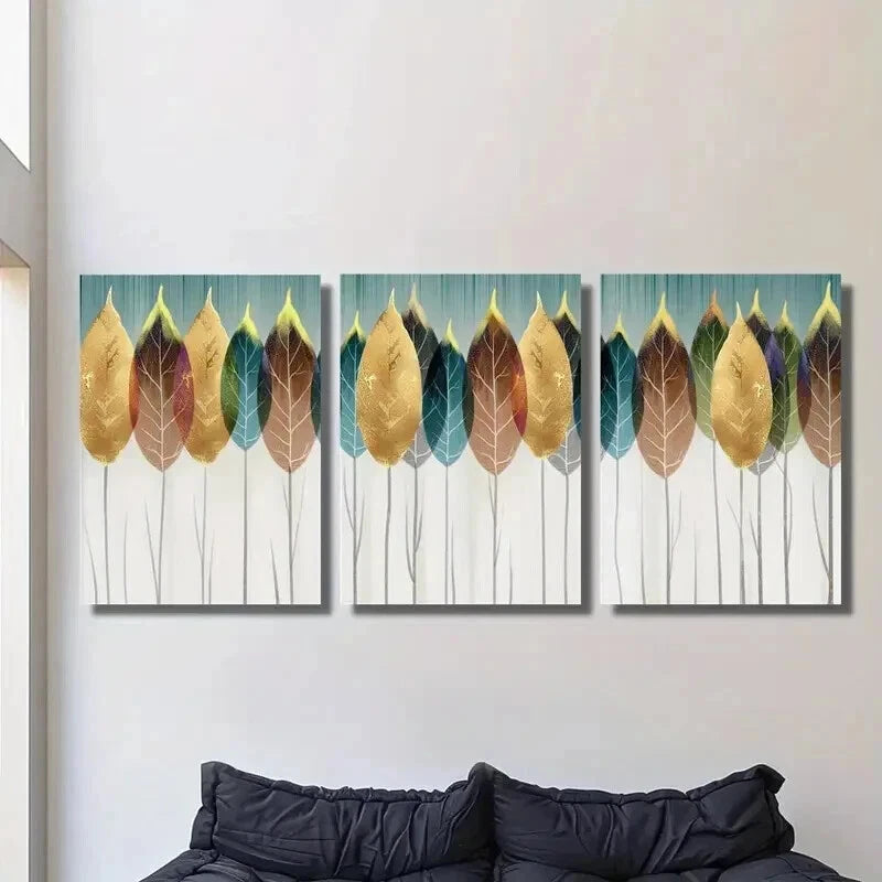 3pcs Aesthetic Gold Blue Red Leaf Design Wall Art Set Canvas Framed 40x60cm - High Quality Print 100% Australian Made Wall Canvas Ready to Hang