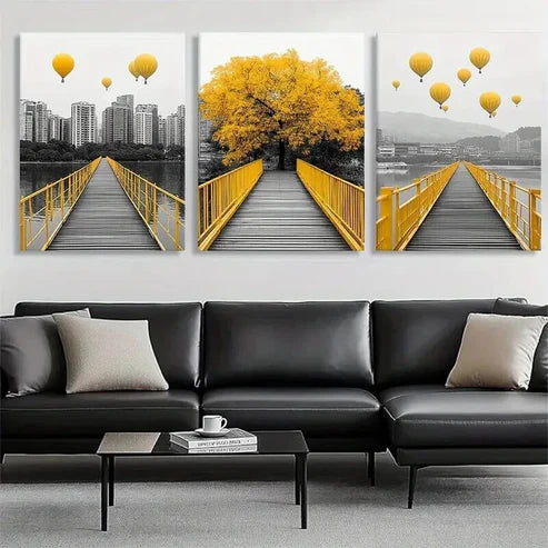 3pcs Yellow Bridge and Hot Air Balloon Perfect Wall Art Set Canvas Unframed - High Quality Print 100% Australian Made Wall Canvas