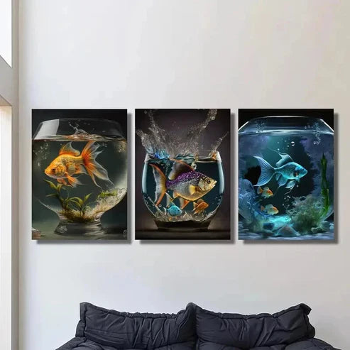 3pcs Vibrant Goldfishes in Aquarium Scene Wall Art Canvas Unframed - High Quality Print 100% Australian Made Wall Canvas