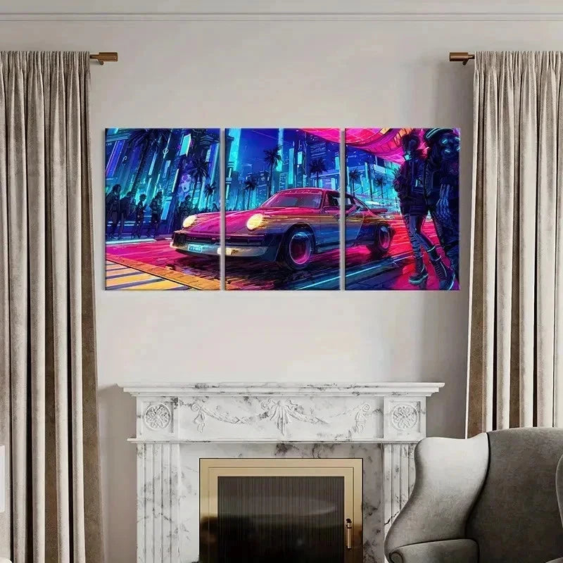 3pcs Vaporwave Aesthetic Sports Car Wall Art Set Canvas Framed 40x60cm - High Quality Print 100% Australian Made Wall Canvas Ready to Hang