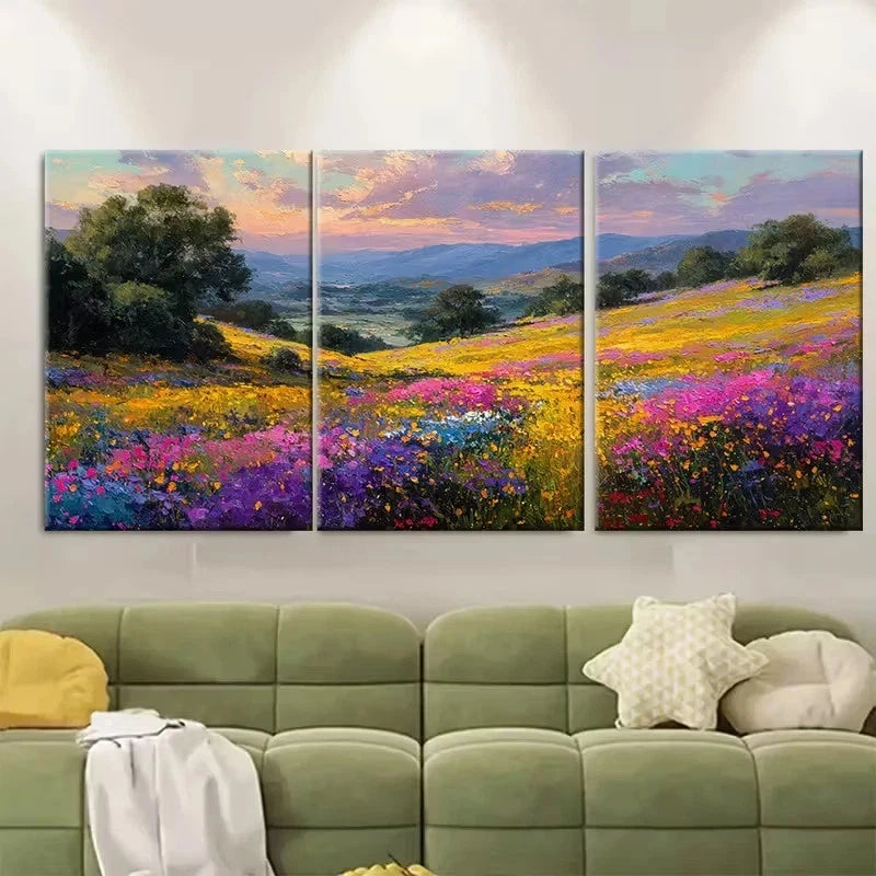 3pcs Wildflower Meadow at Sunset Wall Art Set Canvas Framed 50x70cm - High Quality Print 100% Australian Made Wall Canvas Ready to Hang
